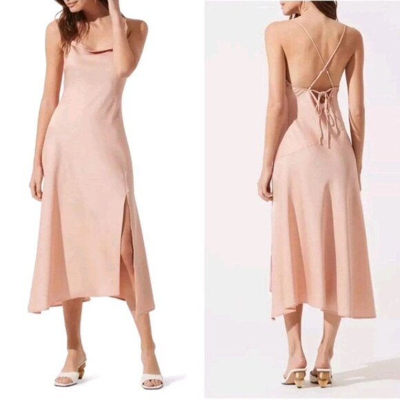 Astr Dresses & Skirts - ASTR The Label Satin Cowl Neck Midi Dress Blush Strappy Lace Up Back Slip S